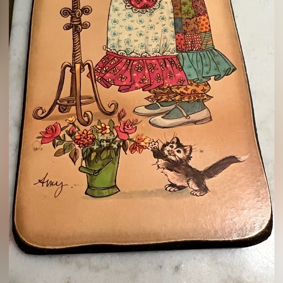 Vintage 1970 Calico Kids By Amy Wall Plaques On Wood Set Of 2 - Picture 9 of 9